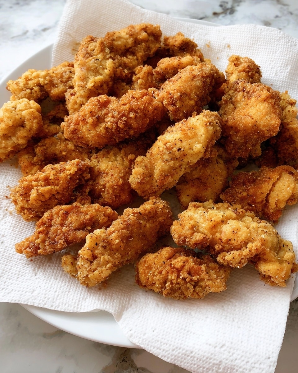 A pile of golden-brown crispy fried food pieces with a rough, crunchy texture is placed on white paper towels on a round white plate. The pieces are unevenly shaped, some longer and some shorter, showing a crisp coating with visible crumbs and small bits. The plate is set on a brown granite surface. The overall look is warm with a mix of darker and lighter brown shades from frying. photo taken with an iphone --ar 4:5 --v 7