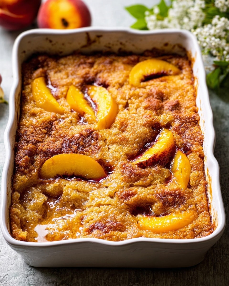 A rectangular white dish filled with a warm peach cobbler featuring a golden-brown crust covered unevenly across the top, with juicy, soft peach slices with reddish-orange skins visible through the cracked and bubbly crust, some slices slightly caramelized. The edges of the crust show a darker, crispier texture with some bubbling juice around the sides. The dish is placed on a white marbled surface with small white flowers partially visible in the background. Photo taken with an iphone --ar 4:5 --v 7