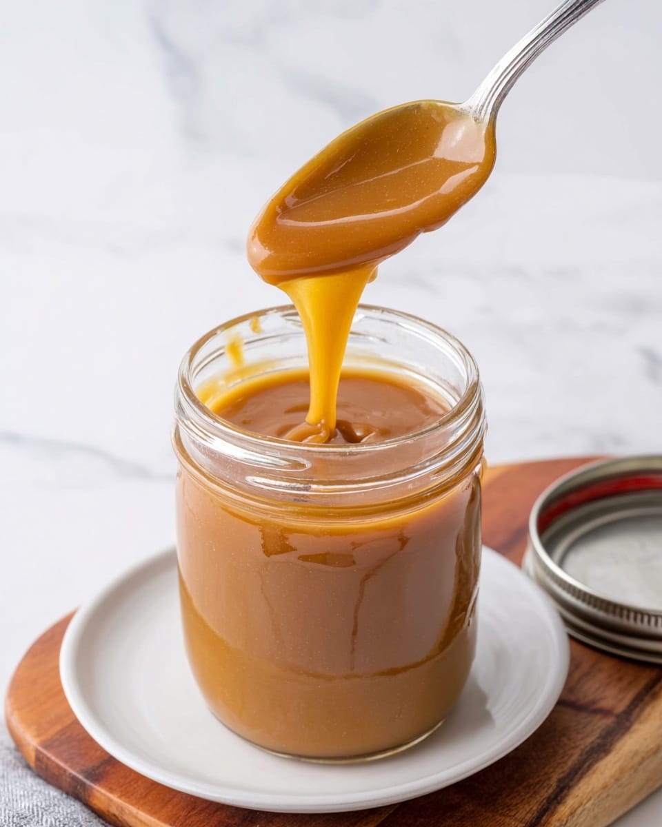 A clear glass jar filled with a smooth, thick caramel-colored sauce is placed on a small white plate on a wooden board with a white marbled background. A silver spoon is lifting a portion of the sauce from the jar, showing the sauce's glossy and rich texture as it slowly drips back into the jar. The jar lid lies next to the board, slightly out of focus, while a corner of a black and white checkered cloth is visible at the bottom left. The scene is bright and clean with soft natural light. photo taken with an iphone --ar 4:5 --v 7