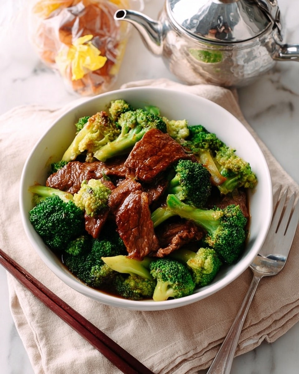 A white bowl filled with bright green broccoli florets mixed with pieces of brown cooked meat covered in a shiny sauce. The broccoli is fresh and crisp-looking, surrounding and partly covering the tender meat. The bowl is placed on a soft beige cloth on a white marbled surface. To the right of the bowl, there are black chopsticks resting next to a silver fork and some wrapped orange snacks. A silver teapot is on the upper left near the bowl. Photo taken with an iphone --ar 4:5 --v 7