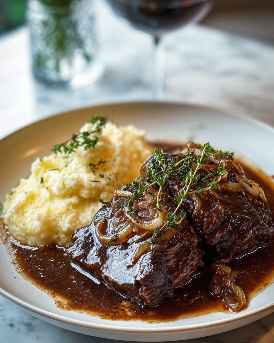 A white plate holds two main layers: on the left, a serving of soft, creamy mashed potatoes topped with a small bunch of fresh green herbs; on the right, thick slices of dark brown meat covered with a rich, shiny brown sauce that pools around the plate’s edge; scattered on top of the meat are cooked golden-brown onion slices and several bright green sprigs of fresh thyme. The plate sits on a white marbled surface, with a glass of red wine in the blurred background, and a silver fork resting behind the meat. Photo taken with an iphone --ar 4:5 --v 7