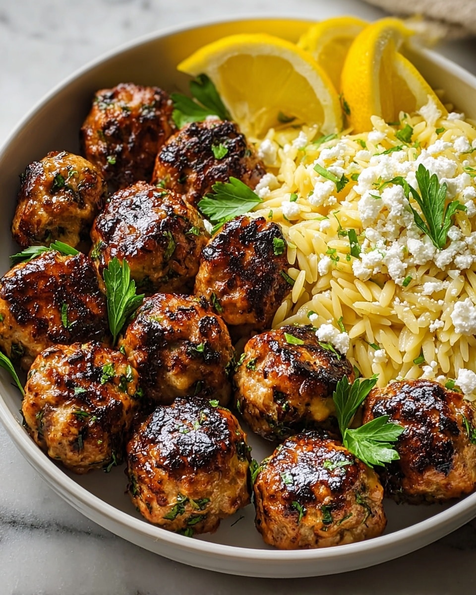 The image shows a white round plate filled with two main parts: on the left, a mound of light yellow orzo pasta mixed with white crumbled cheese and small green herb pieces, topped with thin lemon zest strips and accompanied by two lemon wedges on the far left; on the right, there are about ten small, round, brown grilled meatballs with a slightly shiny glaze and sprinkled green herbs on top. The plate is placed on a white marbled surface. Photo taken with an iphone --ar 4:5 --v 7