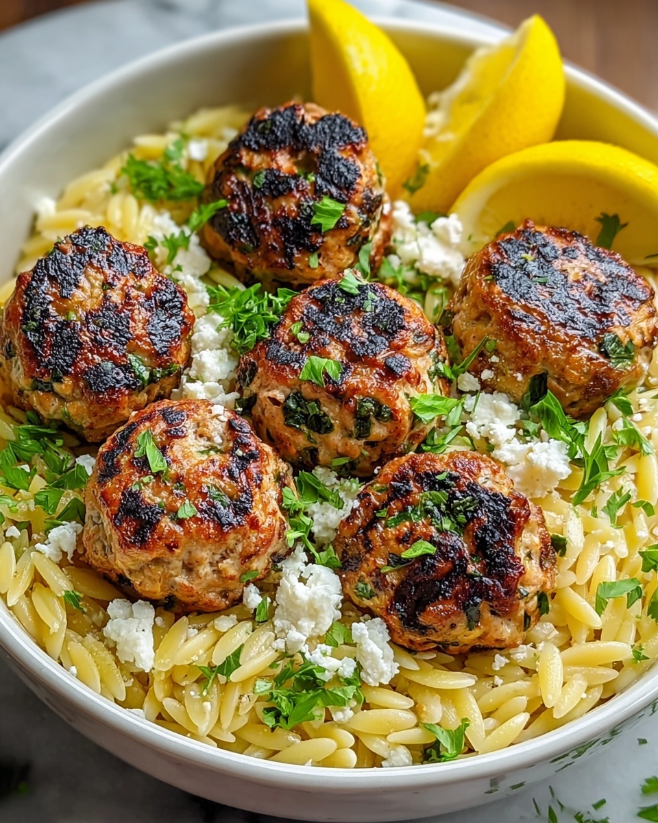 A round white bowl filled with three layers: the bottom layer is pale yellow orzo pasta, the middle layer has nine golden brown grilled meatballs with green herb bits sprinkled on them, and on the side, scattered white crumbled cheese with green herbs on top. There are four lemon wedges placed around the meatballs and on the pasta. The bowl sits on a white marbled surface. Photo taken with an iphone --ar 4:5 --v 7