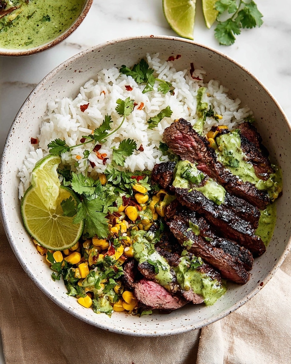 A white speckled bowl holds a layer of white rice on the left, sprinkled with small bright green cilantro leaves and tiny toasted corn pieces. On the right side of the bowl, there are several slices of medium-rare grilled steak with a dark brown sear on the edges and pinkish-red centers, topped with fresh green sauce and chopped cilantro. Two halves of lime with a bright green color sit on top of the steak. The bowl is placed on a white marbled surface with a small dish of green sauce visible in the background. Photo taken with an iphone --ar 4:5 --v 7