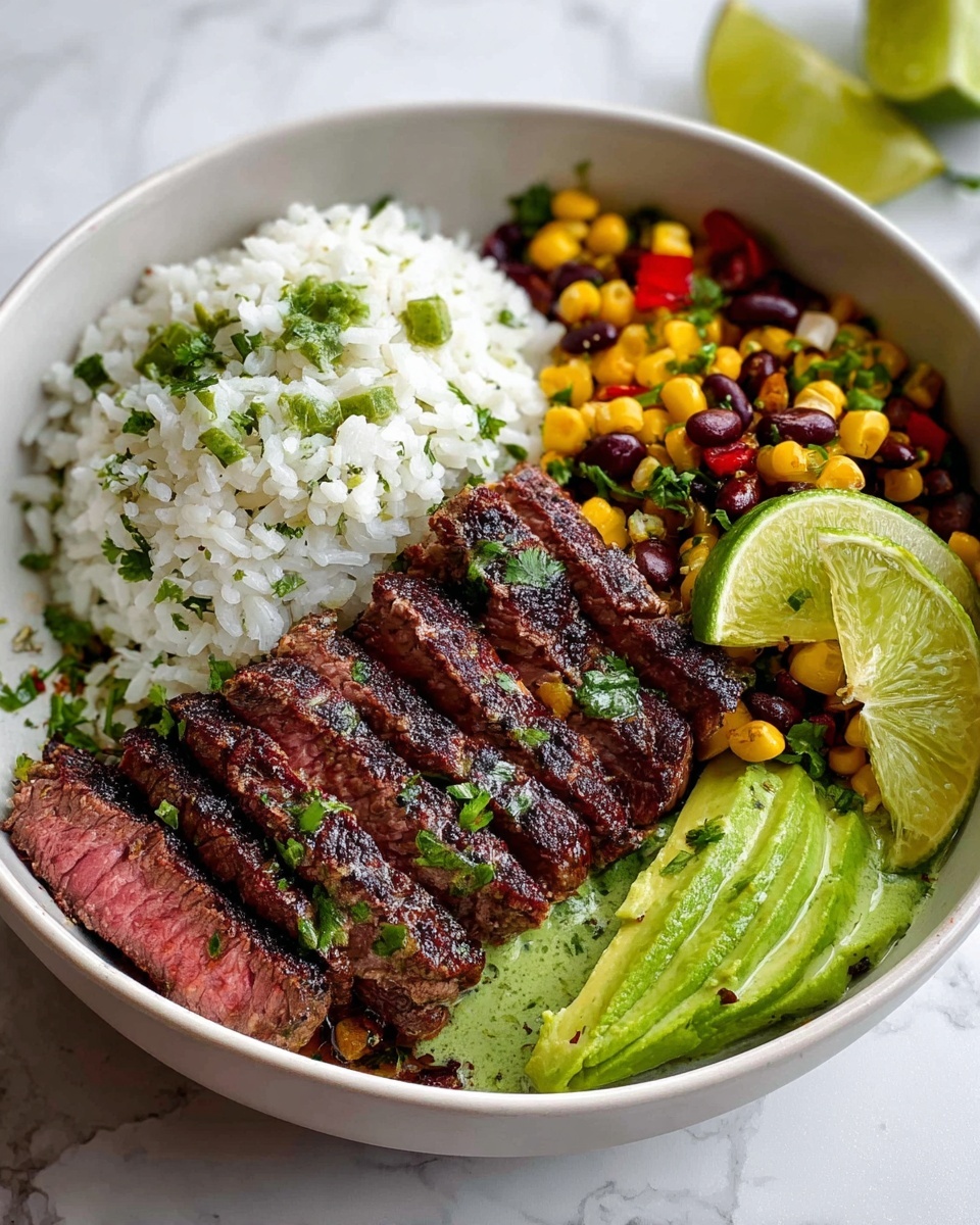 A white speckled bowl sits on a white marbled surface, filled with four main layers carefully arranged. The base layer is fluffy white rice, topped with finely chopped green herbs scattered across it. On one side, there are seven slices of medium-rare steak, showing a pink center and charred edges, garnished with small green herbs. Next to the steak is a colorful mix of yellow corn kernels, green jalapeños, red onion pieces, and fresh cilantro leaves. On the right edge of the bowl, there are two slices of bright green avocado and two lime wedges, all sprinkled lightly with chopped herbs. In the background, a partial view of a small bowl with green sauce and another white bowl with food can be seen. Photo taken with an iphone --ar 4:5 --v 7