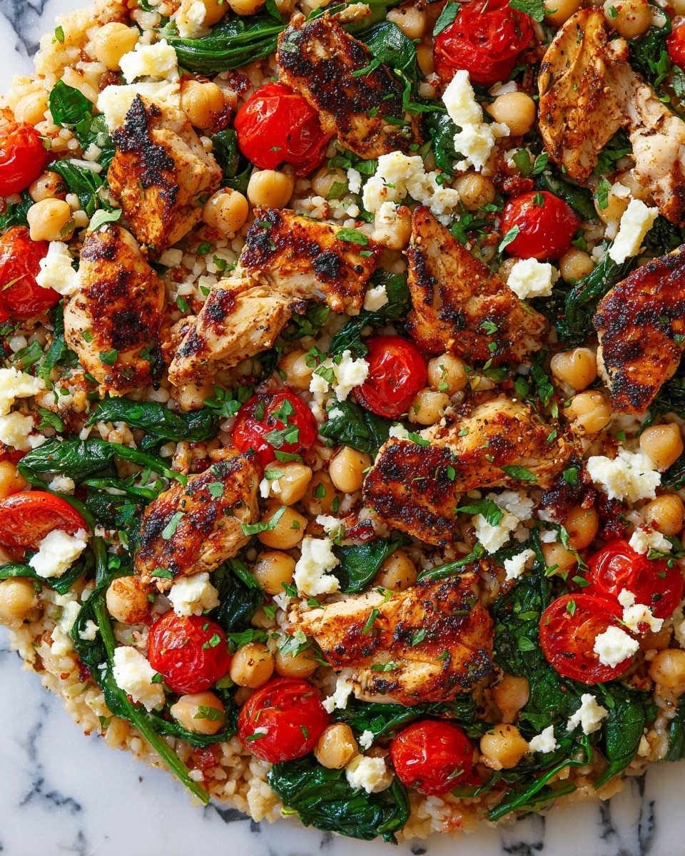 The image shows a colorful mix of cooked white rice as the base layer, dotted with light beige chickpeas and bright green spinach leaves. On top, there are grilled pieces of golden brown chicken with dark char marks. Scattered throughout are vibrant red cherry tomatoes, some whole and some sliced, along with small cubes of white feta cheese sprinkled with herbs. The whole dish is presented on a white marbled surface, highlighting the fresh, warm colors of the ingredients. photo taken with an iphone --ar 4:5 --v 7