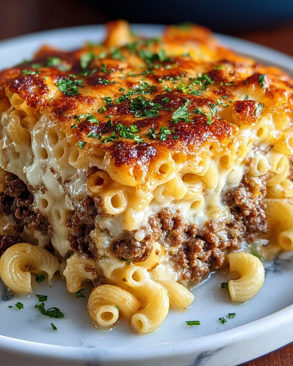 The image shows a thick slice of baked pasta casserole on a white plate, sitting on a white marbled surface. The dish has three main layers: the bottom layer includes pale yellow elbow macaroni noodles, the middle layer consists of browned ground meat mixed with creamy cheese, and the top layer is a golden brown melted cheese with bubbly, slightly crispy spots. Small green herb pieces are sprinkled on top and around the plate. The close-up view highlights the textures of melted cheese stretching over the noodles and meat. Photo taken with an iphone --ar 4:5 --v 7