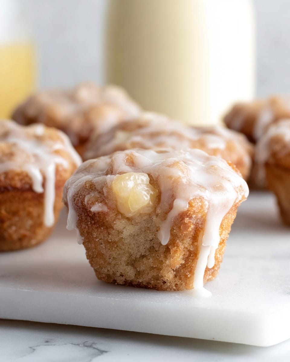 The image shows a close-up of a small muffin with roughly two layers: the bottom layer is a golden-brown spiced cake mixed with chunks of light yellow apple, giving it a textured surface; the top layer is a shiny, smooth white glaze that lightly drips down the sides. The muffin sits on a white marble board, part of a white marbled texture surface, with more similar muffins blurred in the background. A soft light highlights the moistness and texture, making the glaze look slightly translucent in areas. Photo taken with an iphone --ar 4:5 --v 7