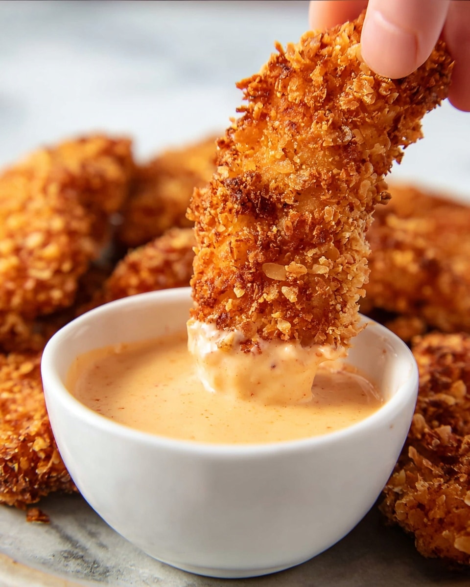 A close-up of a golden-brown crispy fried chicken tender being dipped into a small white bowl of creamy light beige sauce, with the chicken tender showing a rough, crunchy texture. In the background, more pieces of fried chicken are slightly out of focus, resting on a surface with a white marbled texture. A woman’s hand is holding the chicken tender from the top, partially visible in the image. photo taken with an iphone --ar 4:5 --v 7