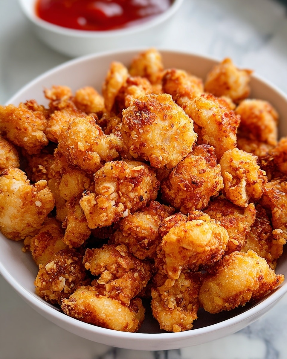 A white bowl filled with many small, golden brown fried pieces that have a rough, crispy texture and some darker edges, piled high inside the bowl. The pieces show a bumpy surface with a crunchy appearance. In the background, partially blurred, there is a small white bowl filled with red sauce. The dish sits on a white marbled surface. photo taken with an iphone --ar 4:5 --v 7