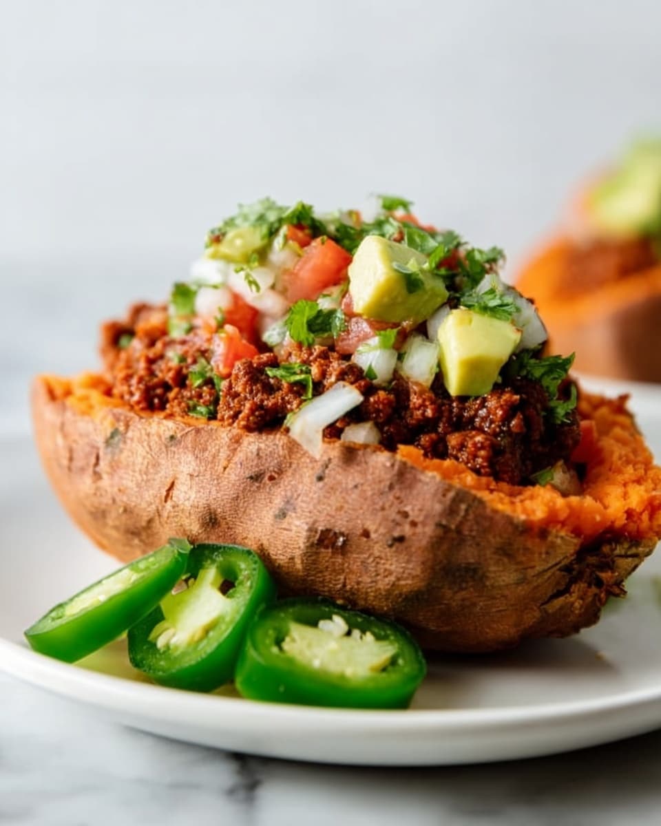 A stuffed sweet potato is placed on a white plate on a white marbled surface. The sweet potato has a thick, reddish-brown skin on the outside, and bright orange soft flesh on the inside. It is sliced in half lengthwise and filled with two layers: the bottom layer is a fine ground meat mixture in a rich reddish-brown sauce, and the top layer is a colorful fresh salsa with small cubes of green avocado, red tomato, white onion, and bits of green herbs. In front of the sweet potato, there are three slices of green jalapeño peppers. The background and plate setting are clean and minimal, emphasizing the bright, fresh colors of the food. Photo taken with an iphone --ar 4:5 --v 7