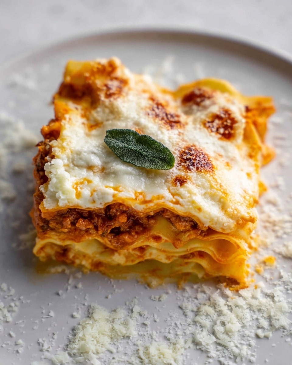 A close-up view of a small square piece of lasagna on a white plate, sitting on a white marbled surface. The lasagna has three visible layers: the bottom layer is golden and slightly crispy pasta, the middle layer is a bright orange filling that looks creamy, and the top layer is a smooth white melted cheese with light brown spots where it is baked. A light sprinkle of grated cheese covers the top and the plate around it, with one small green crispy leaf placed on top of the lasagna. Photo taken with an iphone --ar 4:5 --v 7