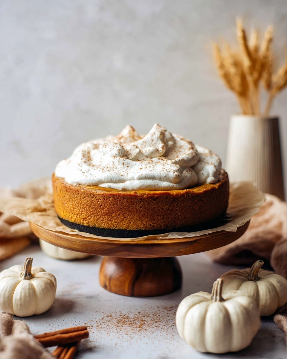 A thick, round pumpkin pie sits on a round wooden stand with three legs, lined with brown parchment paper. The pie has a rich brown crust and filling, topped with a large dollop of white whipped cream that is sprinkled with light brown cinnamon powder. Around the stand, there are small white pumpkins and cinnamon sticks scattered on a white marbled surface. In the background, a small white vase with dried wheat stalks adds a soft touch against a warm beige backdrop. photo taken with an iphone --ar 4:5 --v 7