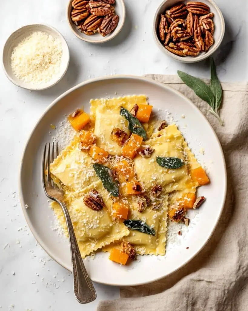 Pumpkin Ravioli with Sage, Pecans, and Parmesan Recipe