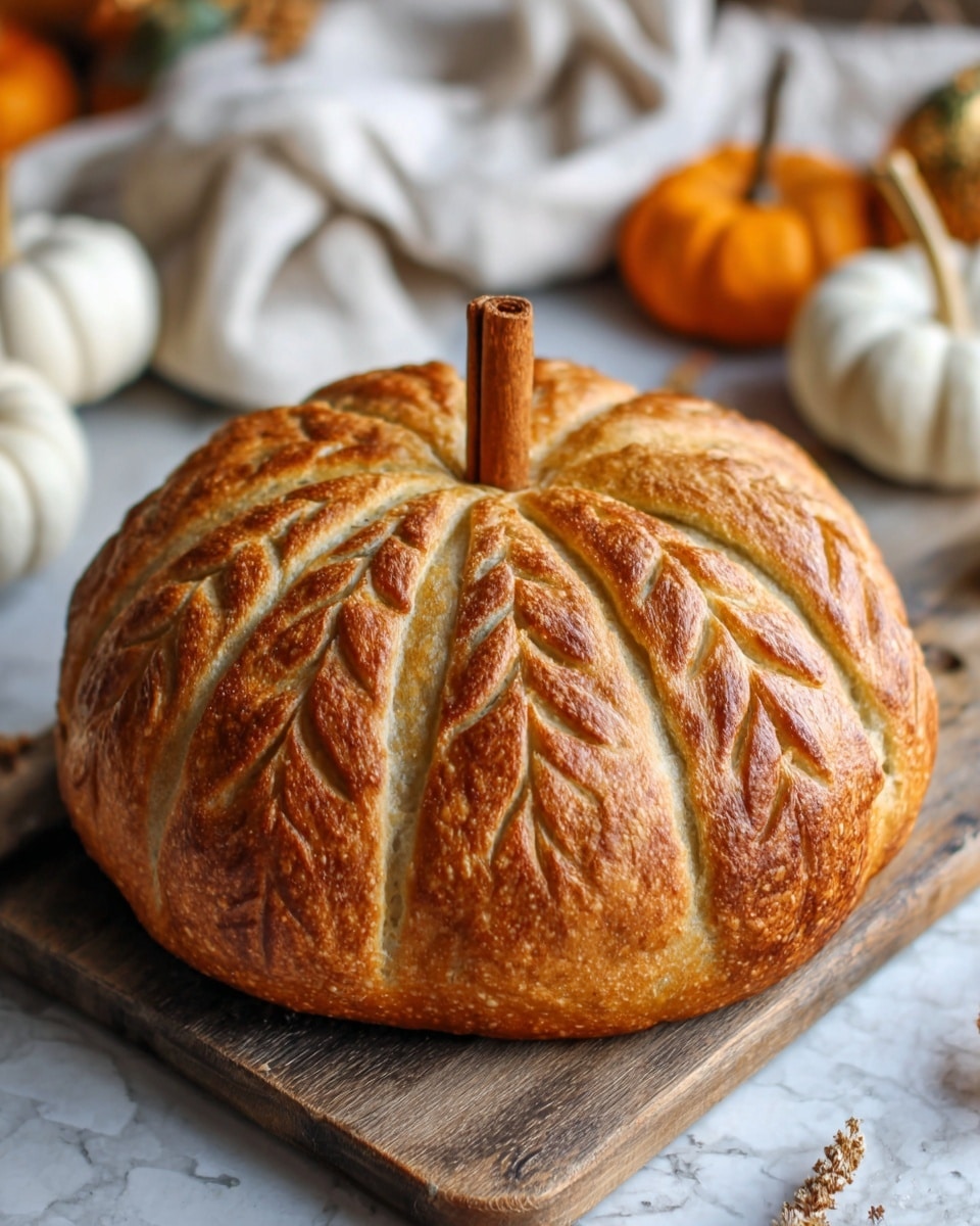 A round, pumpkin-shaped bread loaf with a golden brown crust sits on a wooden board. The loaf has several curved lines pressed into the dough, creating deep grooves that mimic pumpkin ridges. A cinnamon stick is placed upright in the center top, acting as the pumpkin stem. The background shows a white marbled surface with blurred small white and orange pumpkins and a white cloth nearby. Photo taken with an iphone --ar 4:5 --v 7