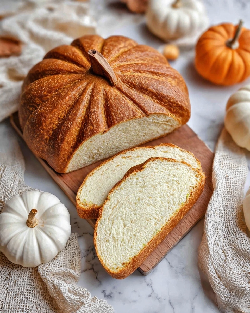 A loaf of bread shaped like a pumpkin with a brown textured crust and a cinnamon stick in the center as a stem is placed on a wooden board on a white marbled surface. The loaf is cut in half, showing a soft, pale yellow inside. Several slices of the bread lie behind the loaf on a white cloth. Small white and orange pumpkins surround the setup, adding a fall theme. Photo taken with an iphone --ar 4:5 --v 7