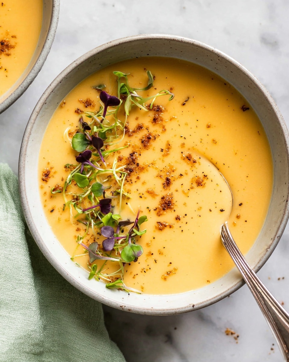 A close-up view of two white bowls filled with creamy pale yellow soup, each bowl decorated with small green and purple microgreens scattered on top and sprinkled with fine brown crumbs, with one bowl having a silver spoon resting inside it. The soup has a smooth texture with slight lumps, and the bowls sit on a light white marbled surface with a soft green cloth nearby. The image is bright and softly focused with a cozy homemade feel, photo taken with an iphone --ar 4:5 --v 7