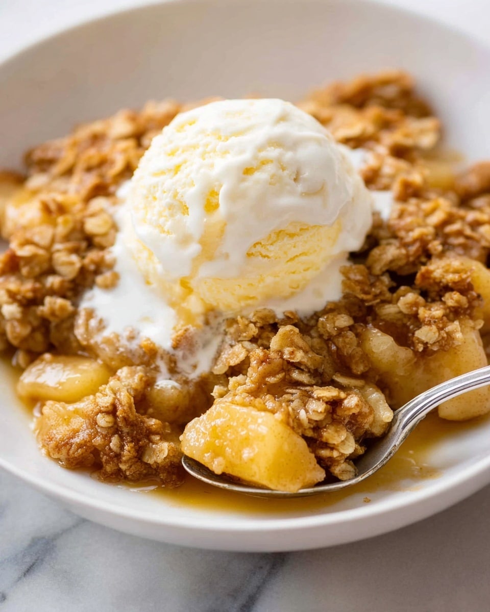 The dish shows a close-up of a white bowl filled with a warm apple crumble topped by a single scoop of vanilla ice cream. The bottom layer consists of soft, cooked apple chunks in golden syrup, with a slightly translucent and juicy texture. Above that is a thick, crumbly topping made of oats and brown sugar, displaying a crunchy and toasted look with warm brown hues. The scoop of vanilla ice cream on top is smooth, creamy, and white, slightly melting and blending into the crumble below. A spoon is partially visible in the background, resting inside the bowl. The whole scene is set on a white marbled surface. Photo taken with an iphone --ar 4:5 --v 7