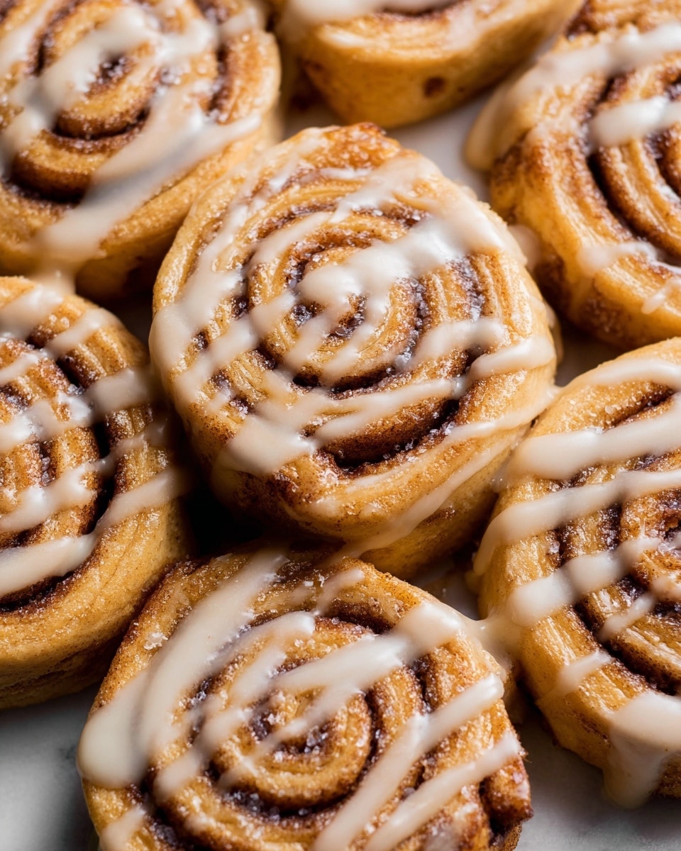 The image shows a close-up of a stack of cinnamon rolls with a textured golden-brown dough base in two layers. The bottom layer is a circular dough ring with a darker cinnamon swirl in the middle, while the top layer is another dough ring holding a white, creamy frosting spread unevenly on one side. The top cinnamon roll has a small bite taken out, showing a soft, slightly crumbly inside with a deeper brown cinnamon filling. More cinnamon rolls are blurred in the background on a wooden surface with scattered crumbs around them. photo taken with an iphone --ar 4:5 --v 7