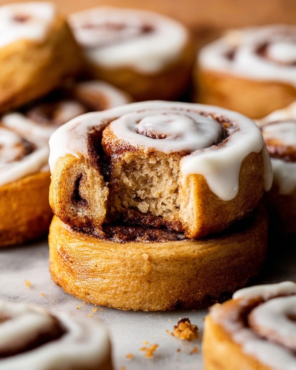 The image shows a close-up view of several cinnamon rolls tightly placed together. Each roll has one visible layer of golden-brown dough with dark brown swirls of cinnamon filling inside. The texture of the dough appears soft and slightly spongy. A light beige glaze is drizzled unevenly over the top of the rolls, adding a shiny, smooth contrast to the matte dough. The rolls sit atop a white marbled surface. photo taken with an iphone --ar 4:5 --v 7
