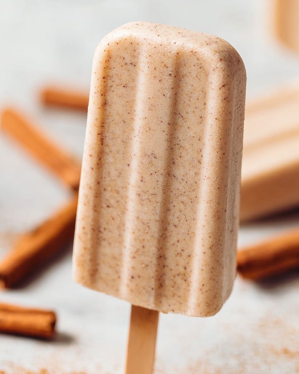 A close-up of a single light brown ice cream bar with fine specks on its smooth surface, held by a wooden stick, shown against a soft blurred background with some cinnamon sticks. The ice cream bar has one uniform layer without any visible toppings, resting on a white marbled surface. Photo taken with an iphone --ar 4:5 --v 7