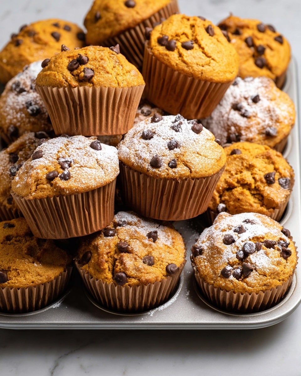 Several golden brown chocolate chip muffins sit inside and outside a silver muffin tray on a white marbled surface. Each muffin has a soft, slightly bumpy top dotted with dark chocolate chips, with some muffins sprinkled lightly with powdered sugar. The muffins are wrapped in light brown paper liners with ridges. Some muffins rest upright, while a few are tilted, showing their rounded sides and tops. The light reflects softly off the smooth metallic tray beneath them, creating a homey, fresh-baked feel. photo taken with an iphone --ar 4:5 --v 7