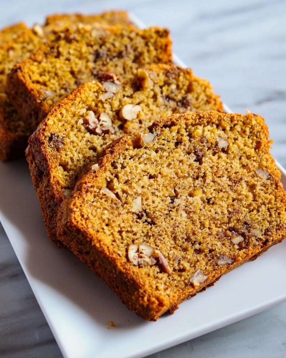 The image shows three slices of orange-brown nut bread arranged in a row on a white rectangular plate placed on a white marbled surface. The bread slices have a crumbly texture with visible pieces of nuts and dark specks scattered throughout. The bread edges are darker and slightly crisp, while the inside looks soft and moist. The focus is on the first slice, which is larger and centered, with the other two slices slightly blurred behind it. The bright lighting highlights the bread's texture and color variations photo taken with an iphone --ar 4:5 --v 7