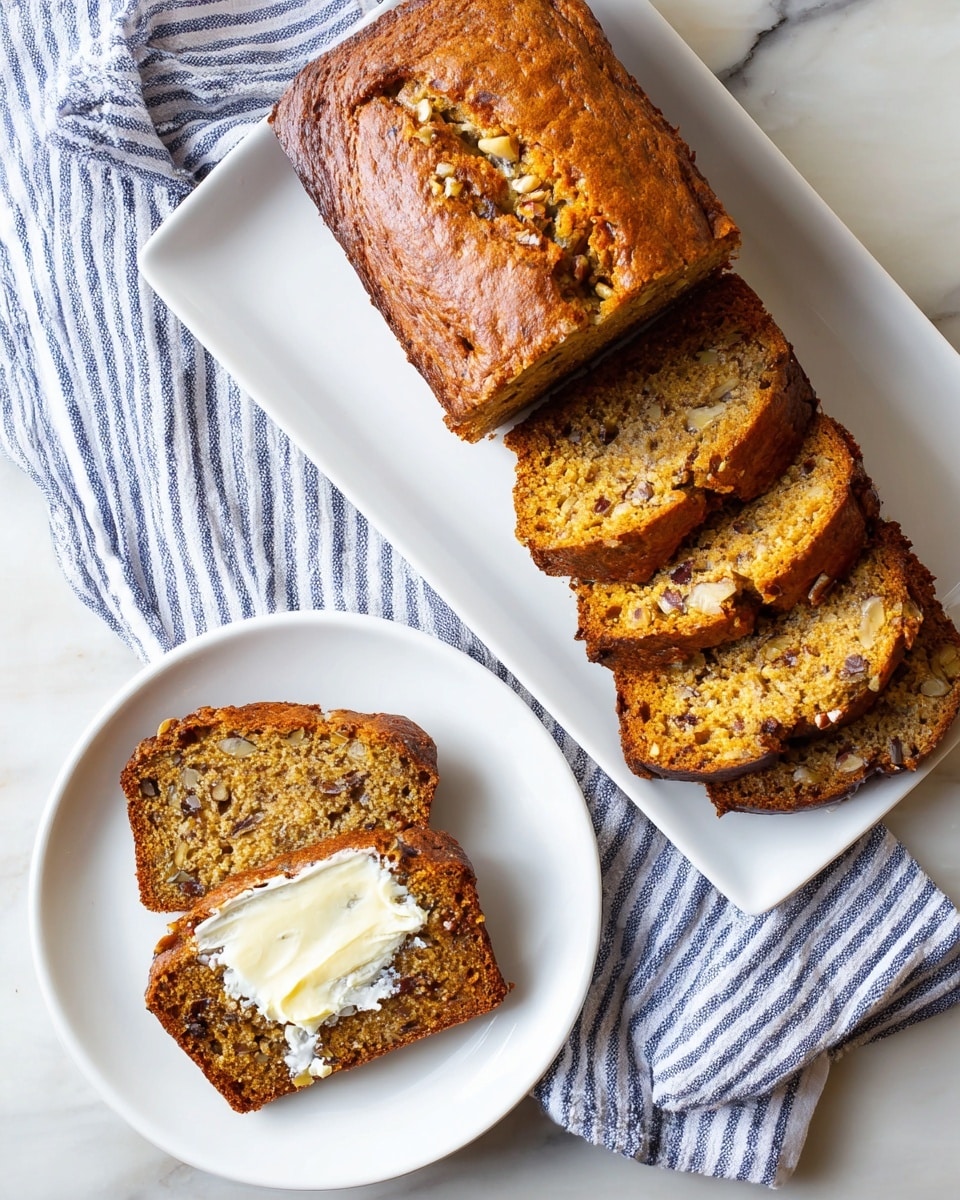 A loaf with four thick slices of moist, orange-brown bread with dark nut pieces inside is placed on a long white plate on the left side. To the right, one of the slices is on a small white plate with creamy butter spread unevenly on top. There is a blue and white striped cloth slightly crumpled next to the small plate, all set on a white marbled surface. The lighting is soft and natural, highlighting the texture of the bread and butter. photo taken with an iphone --ar 4:5 --v 7