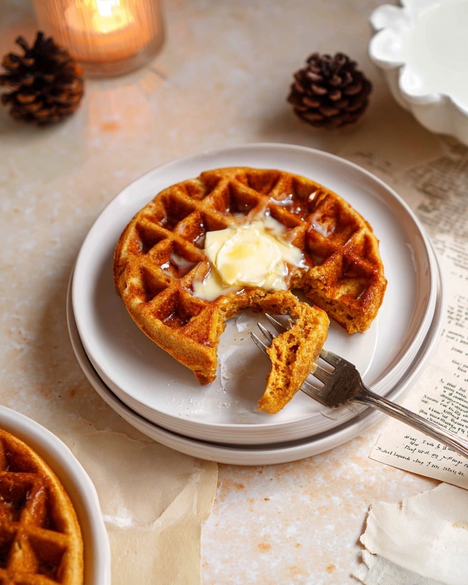 A warm, round waffle with a deep honey brown color sits on a stack of two white plates in the center of the image. The waffle has a grid pattern with square pockets, and in the middle, a small melting pad of pale cream butter spreads slightly, adding a glossy texture. A woman's hand holds a silver fork on the right side, lifting a bite-sized section of the waffle, showing a soft inside with a slightly dense texture. The plates rest on a white marbled surface, scattered with an aged paper book page on the left, a clear glass of milk near the top, a small empty brown ceramic bowl on the upper right, and a brown pinecone near the bottom right. Photo taken with an iphone --ar 4:5 --v 7