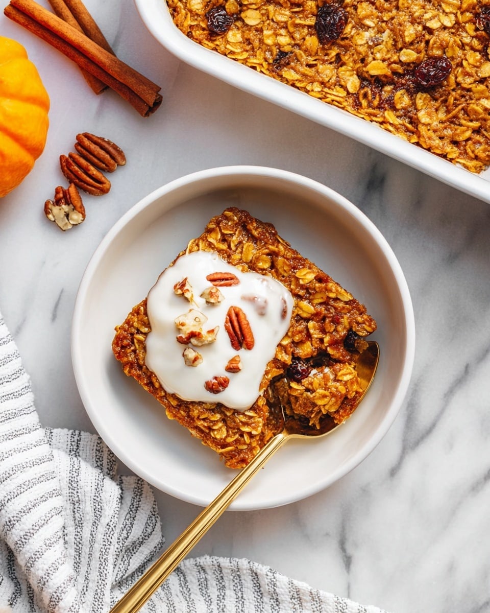 A single square piece of oatmeal bake sits in the center of a white bowl on a white marbled surface. The bake looks dense and moist with a warm orange-brown color and visible chunks of nuts and raisins throughout. On top, there is a generous spoonful of creamy white sauce with pecan pieces sprinkled over it. A gold spoon rests inside the bowl, holding a bite-sized serving of the oatmeal bake with some sauce. Nearby, a white baking dish filled with more oatmeal bake is slightly visible, along with two cinnamon sticks and some nut pieces scattered on the white marbled background. A striped cloth is partially placed under the bowl. photo taken with an iphone --ar 4:5 --v 7