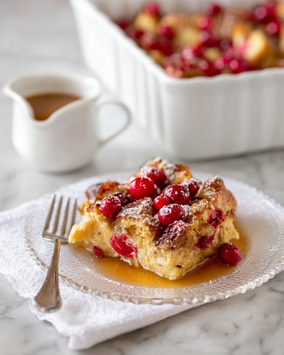 A clear glass plate holds one piece of a soft, golden baked dessert with a slightly crispy top layer, covered by bright red whole berries scattered on top and around it. A light dusting of powdered sugar is sprinkled over the dessert and berries, adding a fine white touch. The plate sits on a white cloth napkin with subtle folds. Next to the plate is an old silver fork. In the background, a large white baking dish filled with more of the same dessert is visible with the same golden and red colors. Nearby, there is a white cup filled with a light brown liquid, all set on a white marbled surface. Photo taken with an iphone --ar 4:5 --v 7