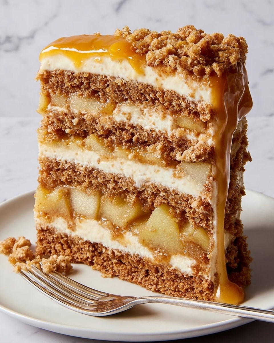 The image shows a tall slice of cake with three thick light brown layers of moist cake, each separated by creamy off-white frosting mixed with chunks of soft apples. The top of the cake has a smooth layer of frosting with a shiny caramel glaze dripping down one side, and the whole slice is topped with crunchy golden crumbs. The cake slice sits on a plain white plate with a silver fork resting next to it. The background is a clean white marbled texture. Photo taken with an iphone --ar 4:5 --v 7