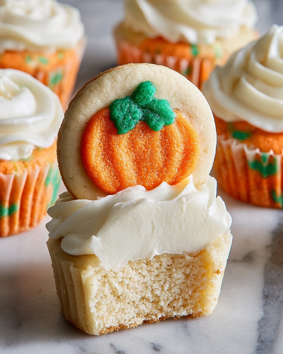 The image shows a close-up of a layered dessert with a round cookie on top, decorated with an orange pumpkin and green leaves pattern. The dessert has three main layers: the bottom layer is a cookie with orange and green color spots, the middle layer is a thick creamy filling in light beige, and the top layer is white whipped cream. The round decorated cookie is placed vertically on the whipped cream at the top. In the background, two more desserts are visible, each with a white paper cup liner and a swirl of white whipped cream beneath the pumpkin-patterned cookie. The surface is white with a marbled texture and there is a small crumb of the orange cookie on it. photo taken with an iphone --ar 4:5 --v 7