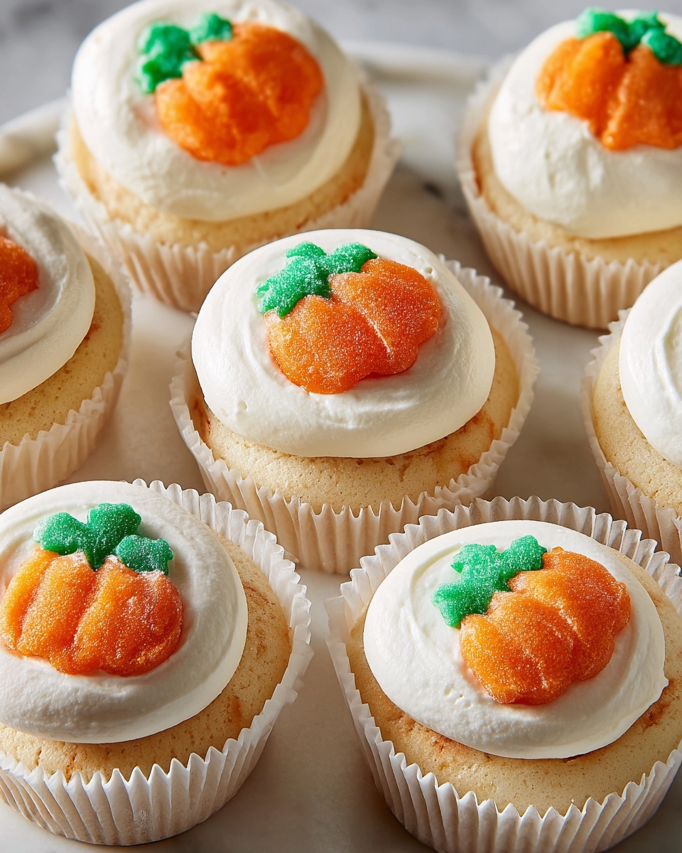 The image shows six small white cupcake liners filled with creamy white frosting. Each cupcake has a light beige cookie with an orange and green pumpkin design partially inserted into the frosting on the side. The frosting is smooth and swirled with a soft texture, covering about half the cookie. The cupcakes are arranged on a white marbled surface, and the overall look is soft, creamy, and festive with bright pumpkin colors against pale cream backgrounds. photo taken with an iphone --ar 4:5 --v 7