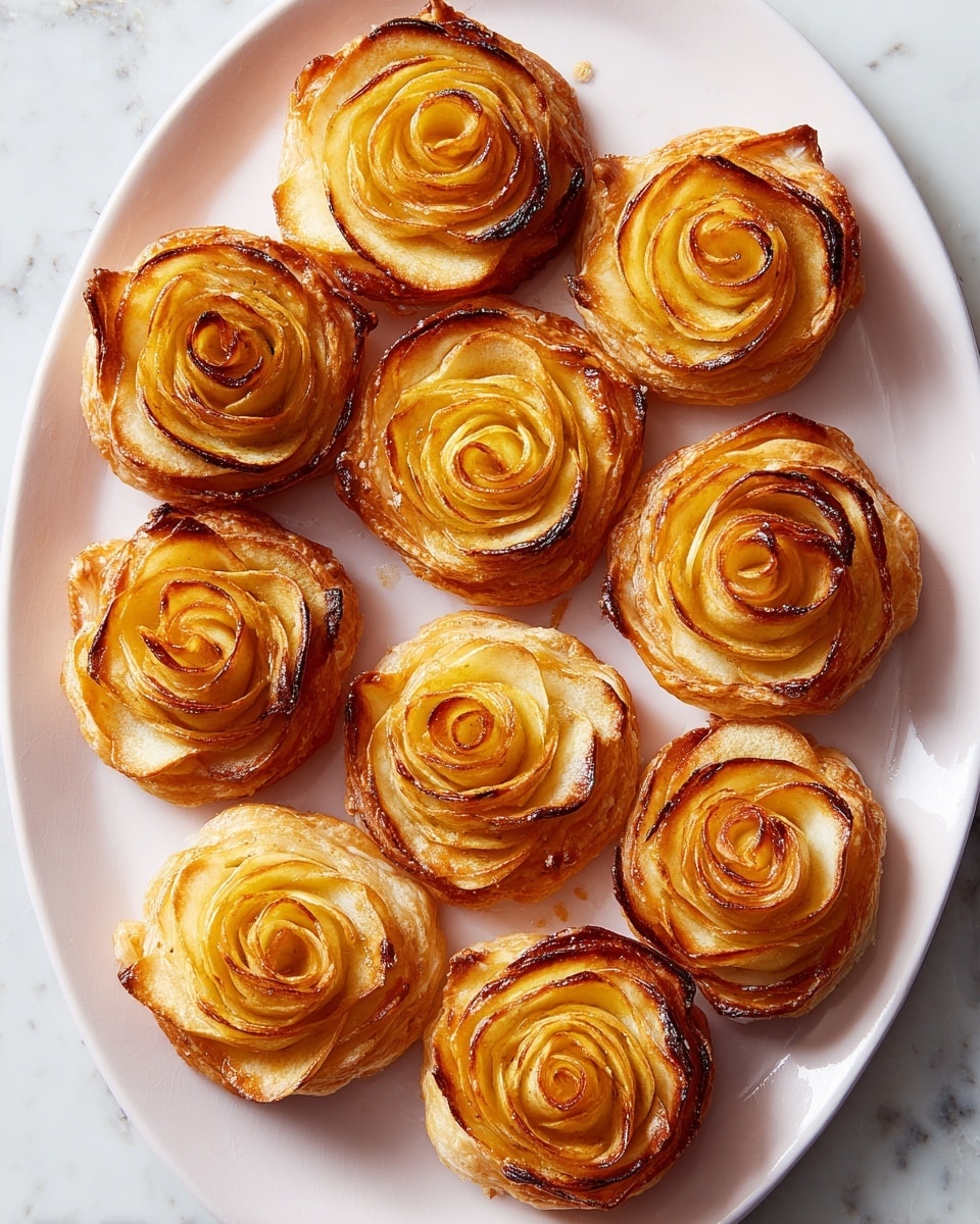 Five apple rose pastries sit close together on a white plate atop a white marbled surface. Each pastry has multiple thin apple slices arranged in layers to look like rose petals, with edges slightly browned and crisped. The rose layers rise above a thick, golden-brown puff pastry base that looks flaky and textured, sprinkled lightly with sugar crystals. The warm tones of the baked apples contrast with the glossy, browned pastry edges, creating a visually appealing flower shape. Photo taken with an iphone --ar 4:5 --v 7