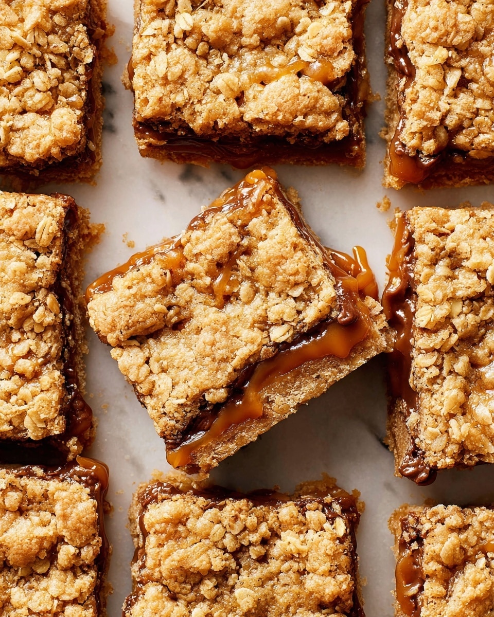 A close-up view of square-shaped oat bars arranged tightly together on a white marbled surface, each bar showing a crumbly top layer made of golden oat crumbs with visible oat flakes scattered throughout. In the middle of the bars, there is a sticky, shiny caramel-colored layer that oozes slightly between the oat crumbs, adding a rich texture and color contrast. One oat bar is placed slightly on top of another, giving a clear view of the two layers—the crumbly, light brown oat top and bottom, with the gooey middle caramel layer in between. The photo is well-lit, emphasizing the crumbly textures and the soft, melty caramel inside, photo taken with an iphone --ar 4:5 --v 7