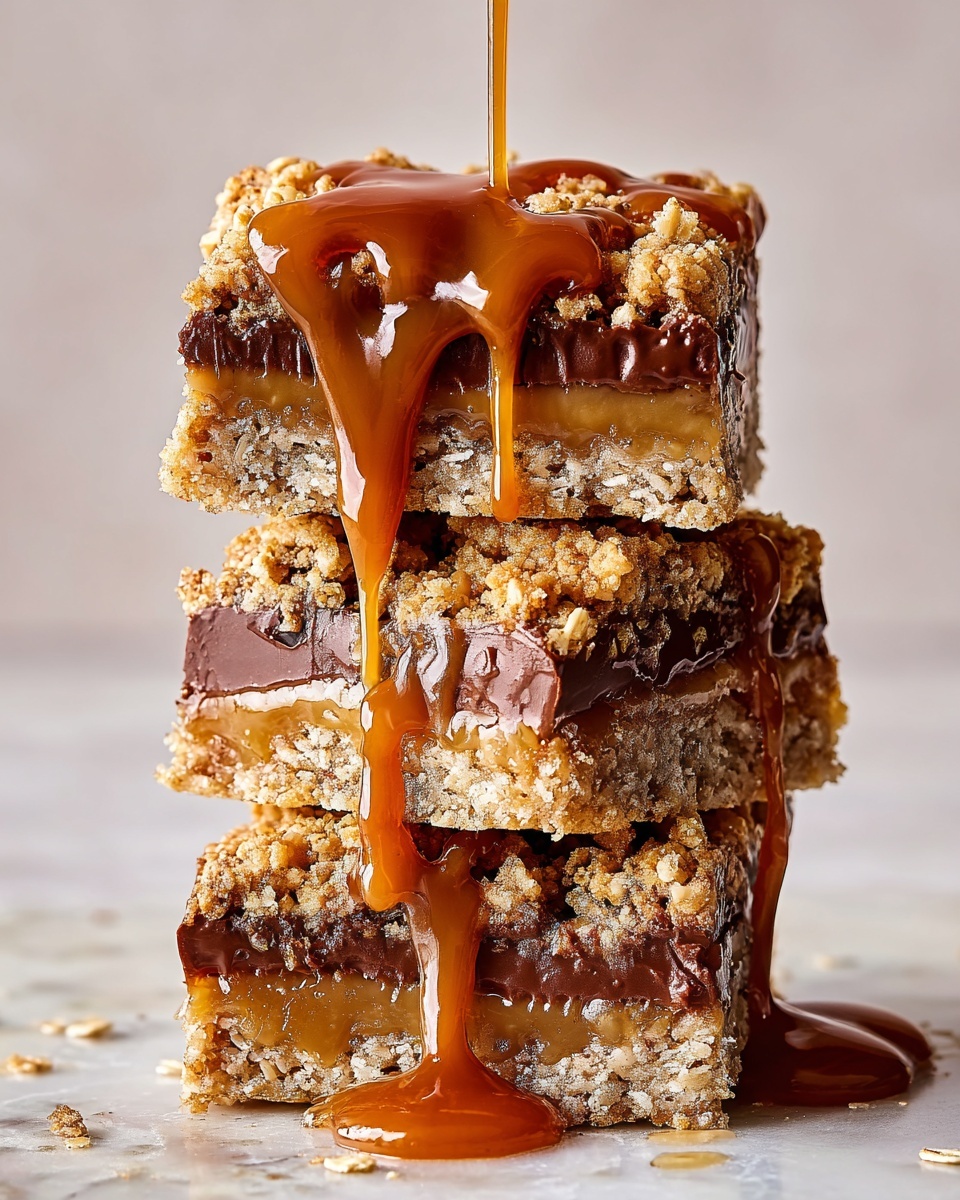 A stack of three dessert bars is shown on a white marbled surface. Each bar has three visible layers: a thick golden-brown crumbly oat crust on the bottom, a middle smooth dark chocolate layer, and a top crumbly oat layer similar to the bottom. Rich caramel sauce is being poured over the top bar, dripping down the sides and pooling slightly at the bottom. The oat layers have a crumbly texture with visible oats, while the chocolate layer is creamy and dense with a shiny surface. The bar stack is upright, with bits of oatmeal crumbs scattered around. photo taken with an iphone --ar 4:5 --v 7