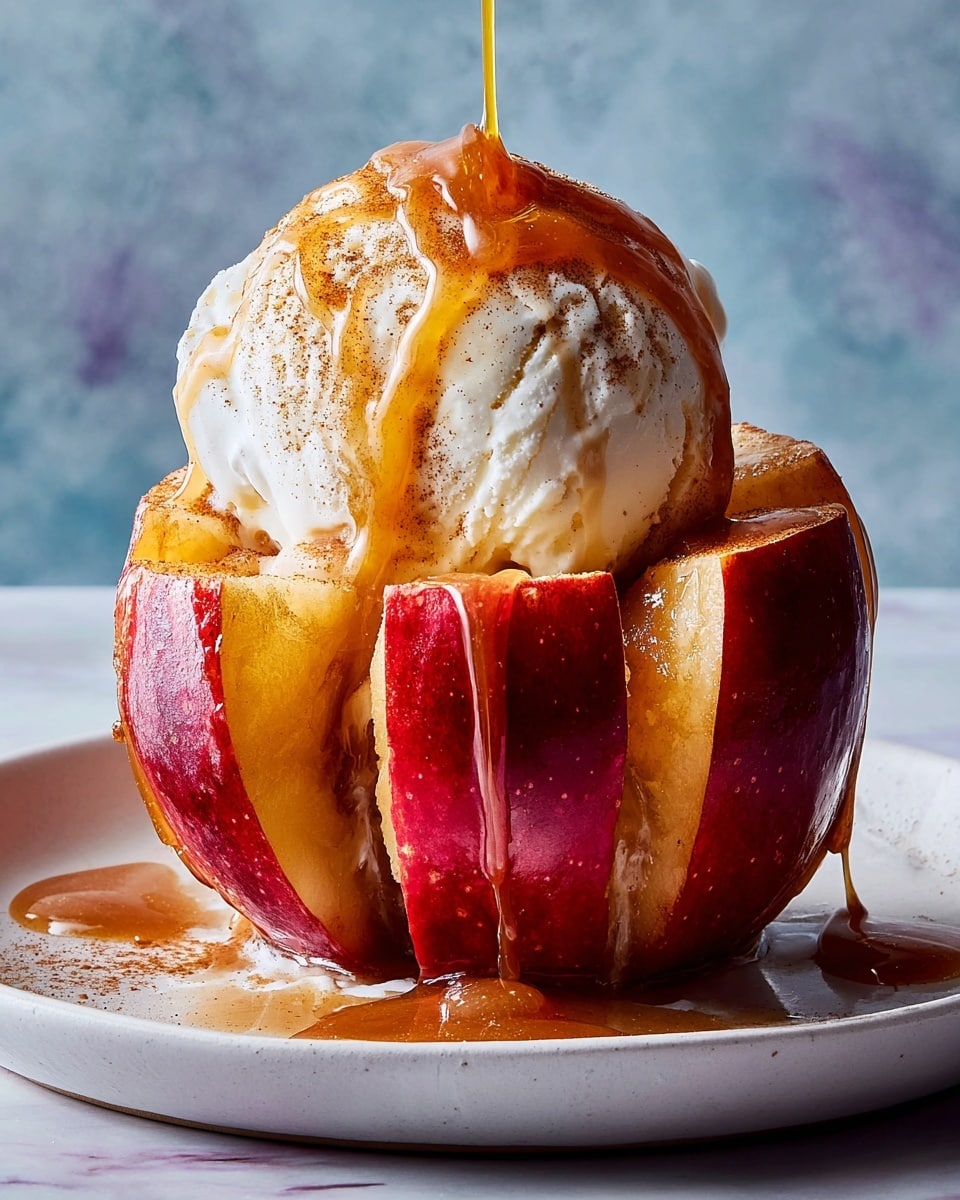 The image shows two baked apples placed side by side on a white marbled surface. Each apple is whole but sliced partially around the sides, giving a textured look with visible segments. The apples are a deep golden brown color, glistening with a shiny glaze. On top of each apple is a large scoop of creamy vanilla ice cream, smooth and slightly melting with a light drizzle of caramel sauce flowing down the sides of the apple and ice cream. The warm tones of the apple contrast with the cool, pale color of the ice cream, creating an inviting dessert scene. photo taken with an iphone --ar 4:5 --v 7