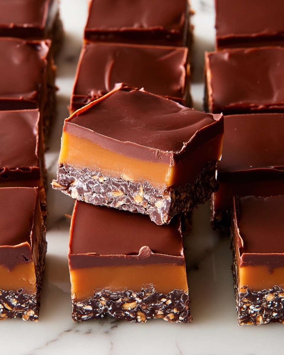 The image shows several square pieces of a three-layer dessert arranged neatly in rows on a white marbled surface. The bottom layer is a textured dark chocolate with crunchy bits, the middle layer is smooth, caramel-colored and thick, while the top layer is a shiny, smooth milk chocolate with a few imperfections along the edges. Each square is evenly cut, showing the distinct layers clearly. photo taken with an iphone --ar 4:5 --v 7