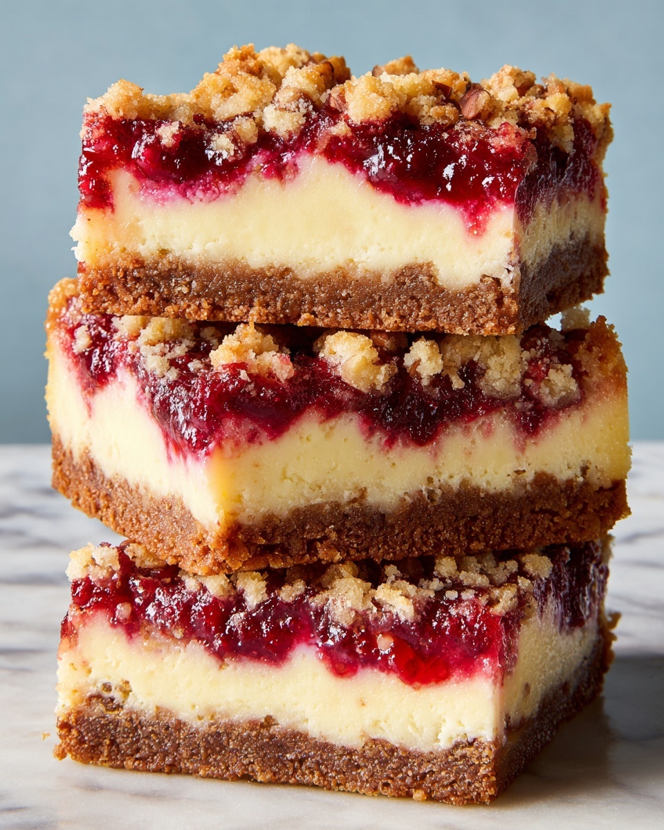 This image shows nine square pieces of dessert bars arranged neatly on a white marbled surface. Each bar has three clear layers: the bottom is a light golden brown crust, the middle is a thick white creamy layer, and the top layer is a deep red berry filling scattered with chunks of golden brown crumb topping and bits of pecans. One bar is slightly tilted, showing the thickness of each layer clearly and some crumbs around it. The crumb topping is uneven and crumbly, giving a textured look. The red berry filling shines with a glossy finish, contrasting with the matte crumb top. photo taken with an iphone --ar 4:5 --v 7