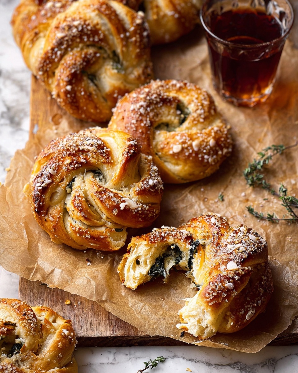 The image shows round, twisted golden brown bread rolls sprinkled with coarse salt on top, each roll having a shiny, baked crust and a soft, fluffy inside with visible dark leafy greens mixed within the dough. One roll is torn open showing its airy, light texture with greens inside. The rolls are placed on crumpled brown parchment paper on a wooden surface, with some small green herb sprigs scattered around. There is a clear glass of dark amber liquid near the rolls. The scene is warm and inviting, with soft natural light highlighting the texture and shine of the rolls. Photo taken with an iphone --ar 4:5 --v 7