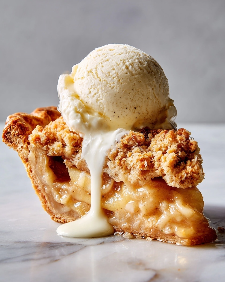 A slice of apple crumble pie sits on a white plate, showing three visible layers: the bottom light golden crust, a middle layer of soft, cooked apple pieces that look slightly translucent, and a thick top layer of golden brown, crumbly streusel topping with a rough texture. On top of the slice, there is a scoop of creamy vanilla ice cream with tiny black vanilla bean specks, slowly melting and dripping down the sides. In the background, the rest of the pie is in a clear glass dish, revealing the pie’s layers and crumbly top. The setting is on a white marbled textured surface with two silver forks placed nearby. photo taken with an iphone --ar 4:5 --v 7
