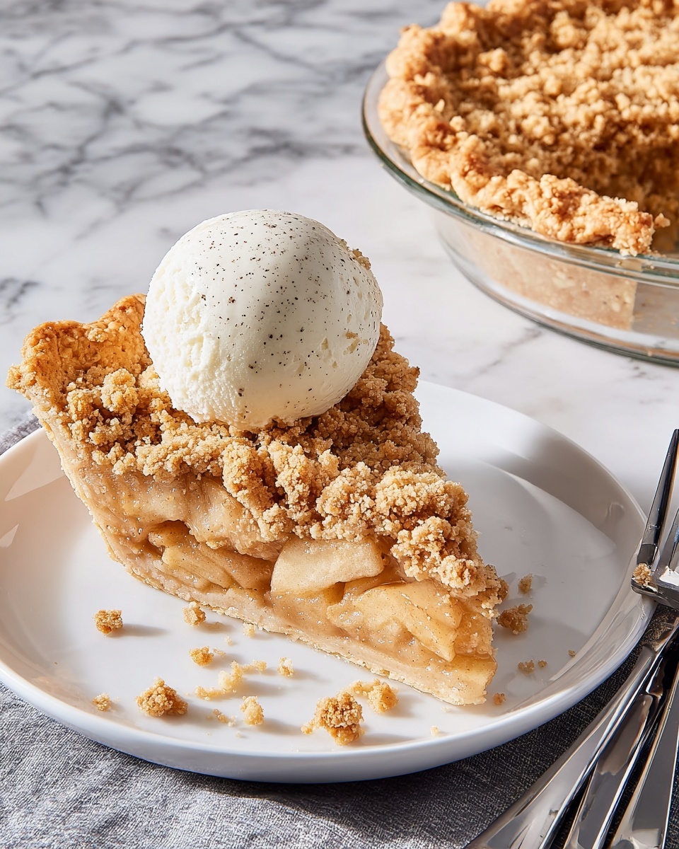 A single slice of apple crumble pie sits on a white marbled surface, showing three clear layers. The bottom layer is a golden, flaky pie crust with a firm texture. Above it, there is a thick middle layer of soft, cooked apple filling with light brown and pale yellow colors. The top layer consists of chunky, golden brown crumble with a rough, crumbly texture. On top of the crumble, a scoop of creamy white ice cream slowly melts, dripping down the pie and pooling slightly on the surface below. Photo taken with an iphone --ar 4:5 --v 7
