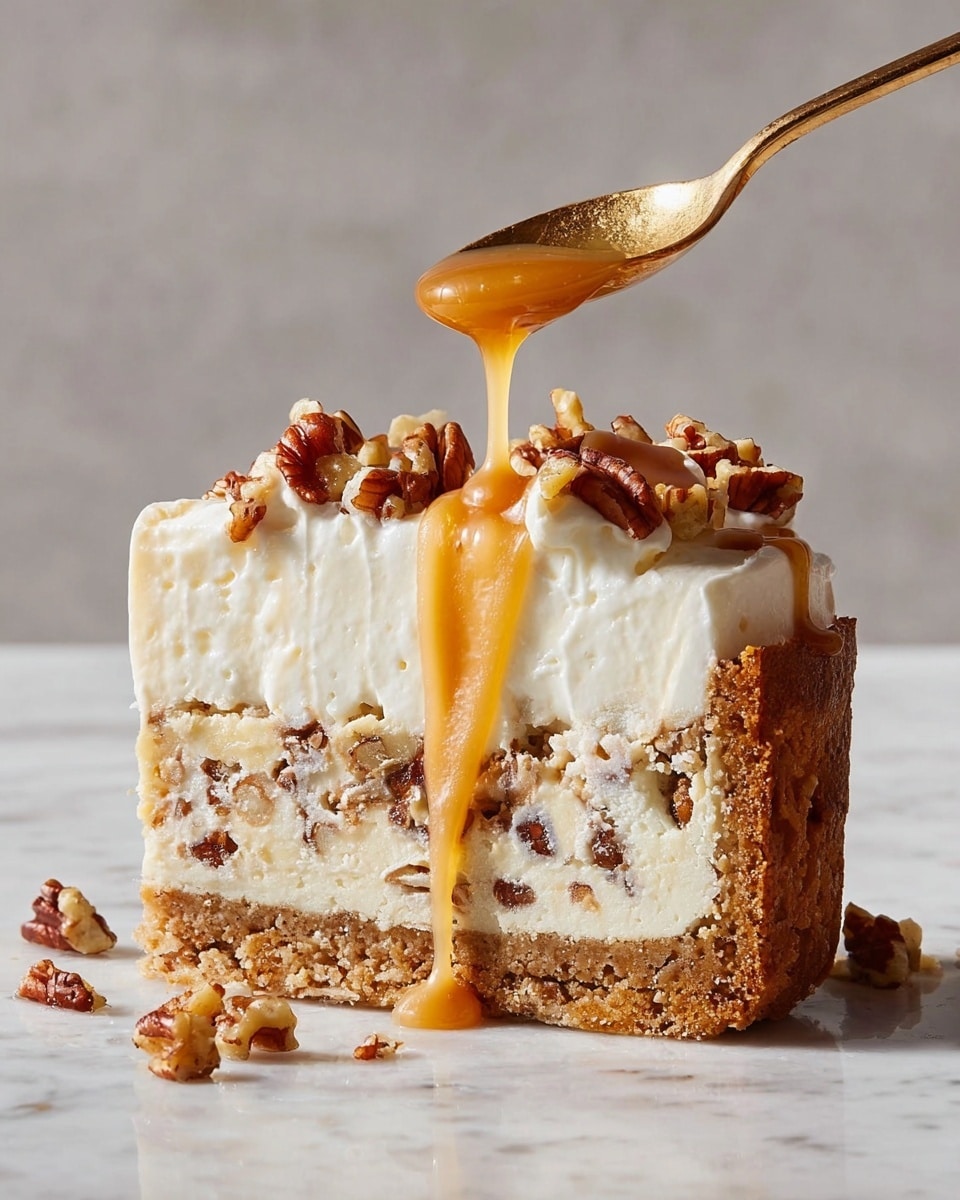 A round cheesecake with a light beige creamy base dotted with small nut pieces sits on a black textured metal pan. The cake is topped with a thick layer of white whipped cream spread unevenly, drizzled with golden caramel sauce, and sprinkled with chunks of brown pecans. One slice is slightly pulled out, showing the smooth texture of the cheesecake with some crumbs on the pan. The background features a white marbled surface with scattered pecan pieces around. photo taken with an iphone --ar 4:5 --v 7