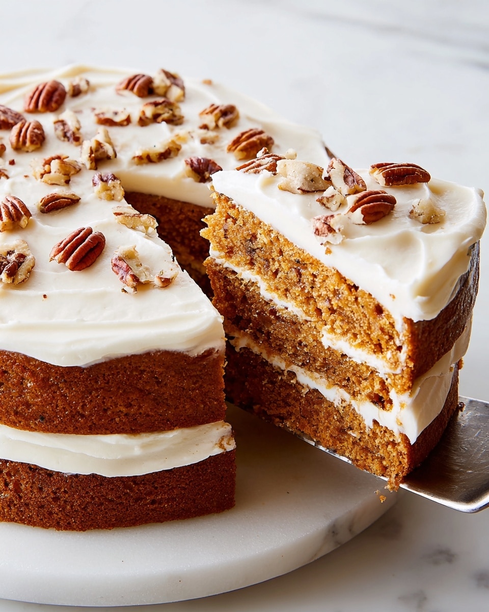 A round cake with two layers sits on a white marbled surface; the bottom layer is dark brown with a dense texture, and the top layer is thick, smooth, and bright orange. The whole cake is covered in the orange layer and has a caramel-colored sauce drizzled in diagonal lines across the top. One slice is taken out and placed leaning on its side nearby, showing the clear division between the dark brown and orange layers, with caramel drizzle on it as well. Another slice lies flat beside the cake, also with caramel sauce on top. Photo taken with an iphone --ar 4:5 --v 7