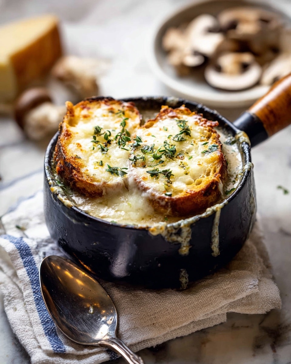 A small dark blue pot with a wooden handle holds a layered soup topped with thick slices of toasted bread covered in melted, bubbly cheese with small green herb leaves scattered on top. The soup beneath is rich and creamy, visible around the edges of the bread. The pot is placed on a white cloth with dark blue stripes and set on a white marbled surface. To the left of the pot is a vintage silver spoon, and in the blurred background, there is a brown bowl with shredded contents and a piece of bread. photo taken with an iphone --ar 4:5 --v 7