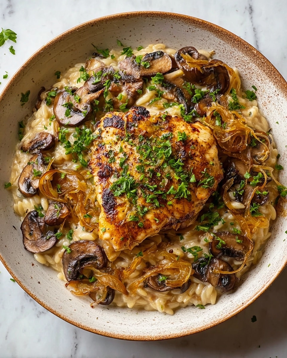 In the white speckled bowl, there is a creamy orzo base with a pale beige color, mixed with brown sautéed mushroom slices and light golden caramelized onions spread evenly around the bowl's edges. On top, at the center, there is a single, golden-brown grilled chicken piece with grill marks, garnished with bright green chopped herbs. The creamy orzo has a smooth texture with small visible grains, while the mushrooms have a soft, slightly glossy look. The caramelized onions add curled, translucent amber layers around the mushrooms, all placed on a warm brown surface. Photo taken with an iphone --ar 4:5 --v 7