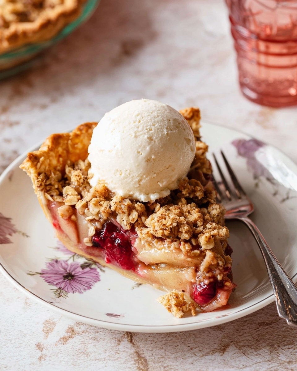 A slice of fruit pie with a golden-brown crust at the bottom and edges, filled with soft, cooked apple and bright red cherry pieces. On top of the fruit filling is a thick layer of crumbly oat topping in golden tan color, giving a crunchy texture. A scoop of creamy white vanilla ice cream sits on the crumb topping, slightly melting on the side. The pie slice is on a white plate with a thin pink floral design, and there is a silver fork resting beside it on the plate. The background surface is white marble with soft pink napkin edges and parts of a peach-colored glass and green leaves visible. Photo taken with an iphone --ar 4:5 --v 7