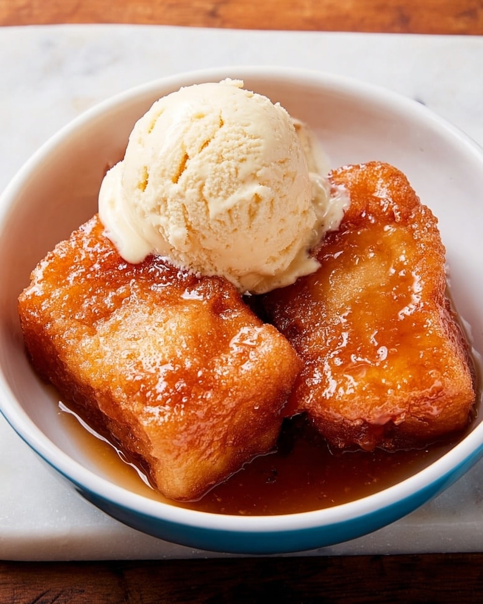 A white bowl holds two pieces of golden-brown fried dough soaked in a shiny syrup, stacked slightly overlapping each other. On top and to the side of the dough pieces is a scoop of creamy white ice cream with a soft, slightly crumbly texture. The bowl sits on a surface with a white marbled texture. photo taken with an iphone --ar 4:5 --v 7
