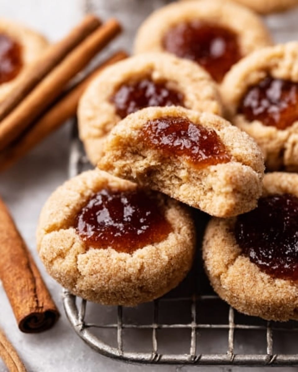 The image shows a close-up of small round cookies with a deep brown jam-like filling in the center of each one. The cookies have a light golden-brown color with a slightly crumbly texture. One cookie is broken in half, revealing its soft inside and the thick dark filling on top. They are placed on a wire rack with two cinnamon sticks partly visible in the background. The surface below has a white marbled texture. photo taken with an iphone --ar 4:5 --v 7